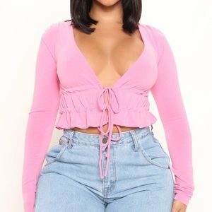 Womens Poker Face Long Sleeve Front Tie Top - Pink Size Medium